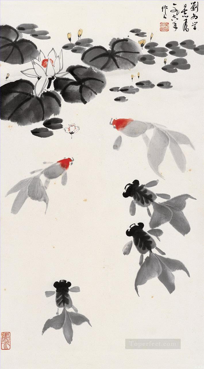 Wu Zuoren Goldfish dans le poisson étang nénuphar Peintures à l'huile